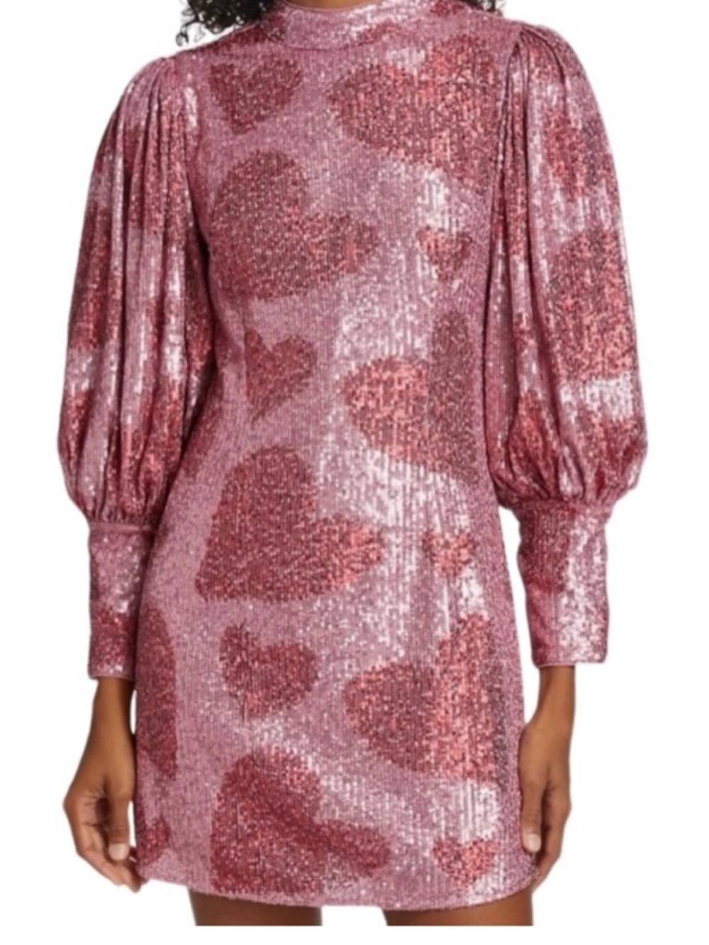 Farm Rio Sequin Heart Puff-Sleeve Mini Dress - Pink